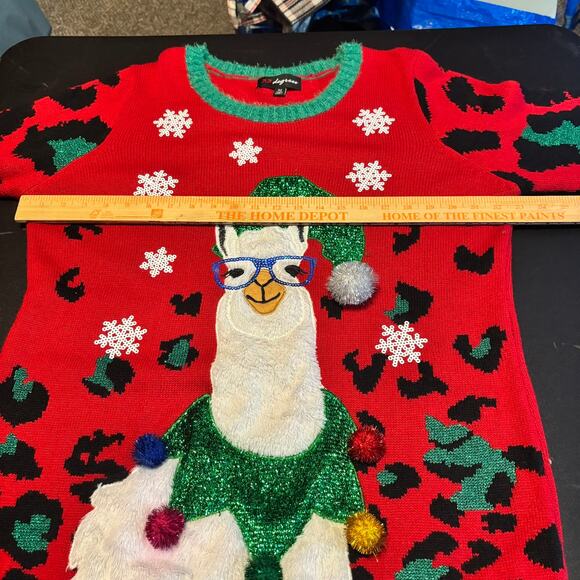 33 Degrees Llama Ugly Christmas Sweater XL Red Green Glitter Pom Pom Funny - Picture 4 of 6